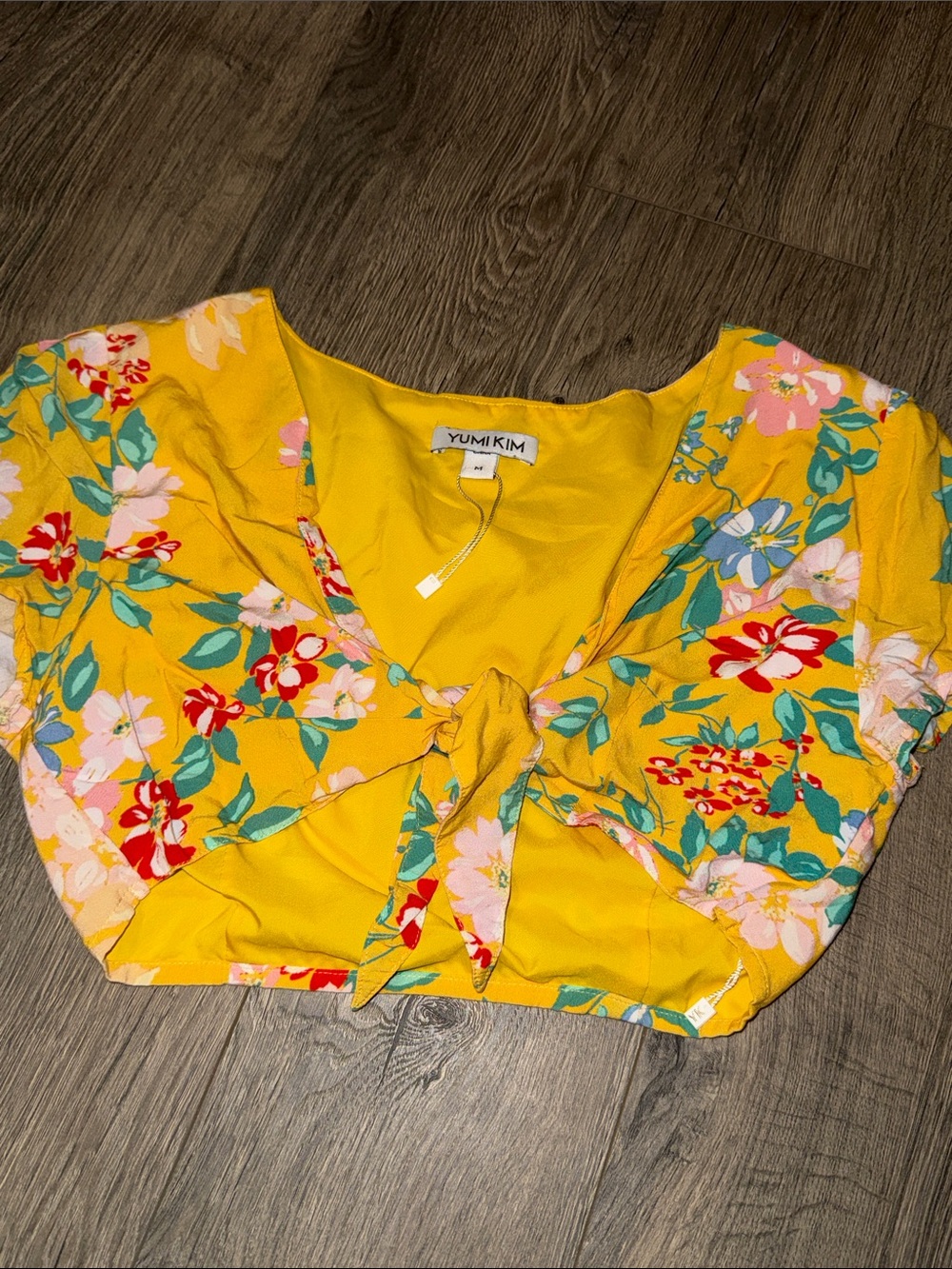 Yumi Kim Yellow Floral Tie-Front Crop Blouse